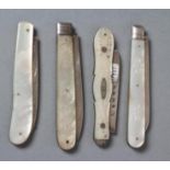 A COLLECTION OF FOUR FOLDING FRUIT KNIVES, all with mother of pearl handles and silver blades,