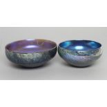 TWO IRIDESCENT GLASS BOWLS by Karen Lawrence, 1988, each of deep circular form, signed, 8" and 6 1/
