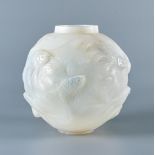 A LALIQUE GLASS FORMOSE PATTERN GLOBULAR VASE in opalescent pale blue, signed in script R. Lalique