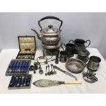 Selection of silver plate and pewter, Spirit kettle with burner, apostle spoons, delft spoons,