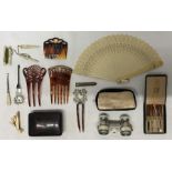 A collection of ladies accessories to include 10cm opera glasses with mother of pearl eye pieces,
