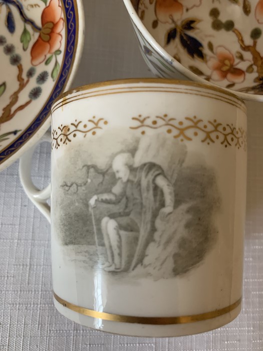 Five early 19thC porcelain cups and two saucers including Newhall bat print can. Condition ReportCan - Image 4 of 8