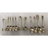 Hallmarked Georgian and Victorian teaspoons and sugar tongs, various makes and dates, set of four