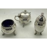 A 3 piece silver cruet with spoons, Birmingham 1954, maker Adie Brothers Ltd. 157.7gms.