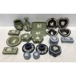 Collection of Wedgwood blue, green and black jasperware, vases 10cm and 12.5cms h, pin and ash