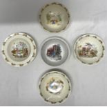 Four Royal Doulton Bunnykins bowls with colourful scenes to the centre including wash time, flying