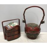 Chinese red lacquer 3 tier section box with carry handle, decorative pottery panel to the lid 19 h x