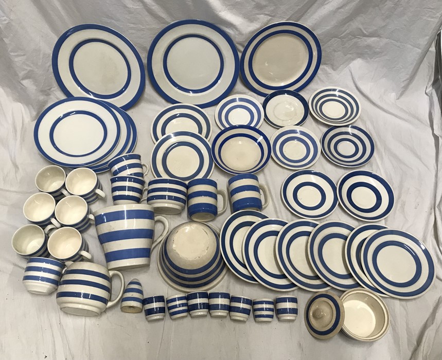 Selection of Blue and white Cornish Ware. Dinner plates 25cms and 23cms w, various saucers, mugs,