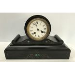 Victorian black marble mantle clock with malachite inlay, H P and Co movement, enamel face. 23 h x