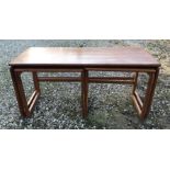 Teak rectangular nest of three tables. 104 w x 43 d x 49cms h.Condition ReportNeeds repair, top