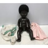 Large composition black doll, blue eyes and crying sound box, makers mark FP 23, approx 58cms h,