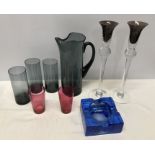 Mid century glassware, Lemonade jug and three tumblers, Blue glass ashtray 12cms w, two Cranberry