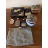 Ebony and silver mounted bridge box, three silver plated spirit flasks, glass powder pot, evening