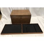 Large mahogany box, cloth lined with two inner trays, inlet carry handles. 43 w x 30 d x 26cms h.