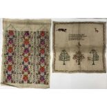 Two pictorial samplers, one 19thC with poem and Adam and Eve, 45 x 43cms and a Indian brightly