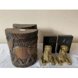 Three pairs of book ends including brass sphinx, caned wooden elephants 17cms and Le Carbon in
