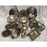 Selection of silver plated table and tea ware, trays, teapots, jugs, bottle stands, serving bowls,