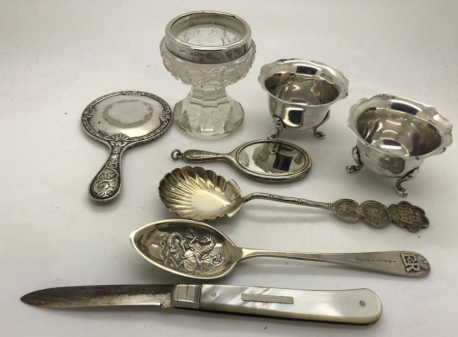 Various silver and silver plate to include two salts, 1 cut glass salt with silver rim, 2 small