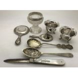 Various silver and silver plate to include two salts, 1 cut glass salt with silver rim, 2 small