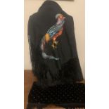 Black shawl with tassels and embroidered oriental pheasant, 95cms square approx with velvet and