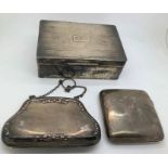 Ladies hallmarked silver finger purse, silver cigarette case and an engine turned Mappin & Webb