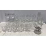 Selection of Royal Brierley crystal drinking glassware, Whisky, Brandy, Champagne, preserve jar, mug