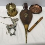 Mixed lot, Muffin the Mule, Victorian brass mounted fireside bellows, brass trench art string box, a