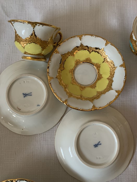 A continental harlequin and gilt porcelain coffee service with blue mark to base, six cups and - Image 4 of 4