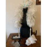 Ostrich feather boa, lace cloth feather and brooch headdress (modern) mesh bag, mesh purse black