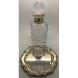 Cut glass decanter, 16.5cms h with silver neck Birmingham 1991 together with hallmarked silver plate