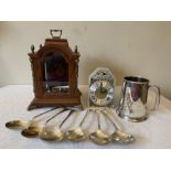 Miscellany to include six plated soup spoons, plated inscribed tankard and modern mantle clock.
