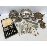 Selection of silver plate and brassware, silver plated bowl with hammered finish, muffin dish,