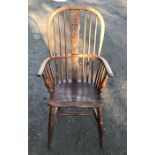 Windsor stick and slat back armchair, height to seat 45cms, height to back 110cms, width of arms