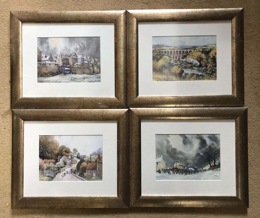 Set of four framed colour prints, RNLI Freeman, Whitby Viaduct, Robin Hoods Bay, Beck Hall and the