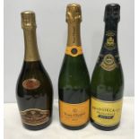 Three bottles of champagne. Goutorbe-Bouillot 750ml, Veuve Clicquot 750ml and Heidsieck and Co