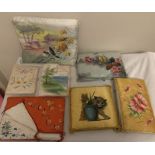 Vintage padded silk painted pyjama/nightdress handkerchief cases to include Louis Wain cat and