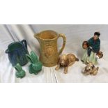 Pottery selection, King Edward Coronation musical jug, 18.5cms, Sylvac green rabbits 12.5cms and