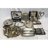 Selection of silver plated table wear, cutlery sets, cut glass biscuit barrel, serving dishes, hot
