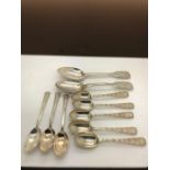 Hallmarked silver teaspoons to include 5 London 1908/09 with bright cut engraving. 3 Sheffield