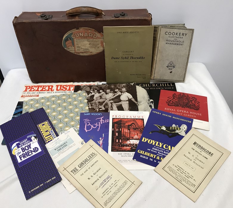 Assorted lot, small leather suitcase, Lp's inc Churchill Peter Ustinov, selection of theatre