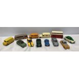 Collection of 12 Dinky diecast vehicles, repainted Bus, coach, vans and cars. Condition