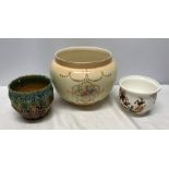 Crown Ducal floral patterned jardiniere, 20cms h, a small majolica hanging jardinière 13cms and a