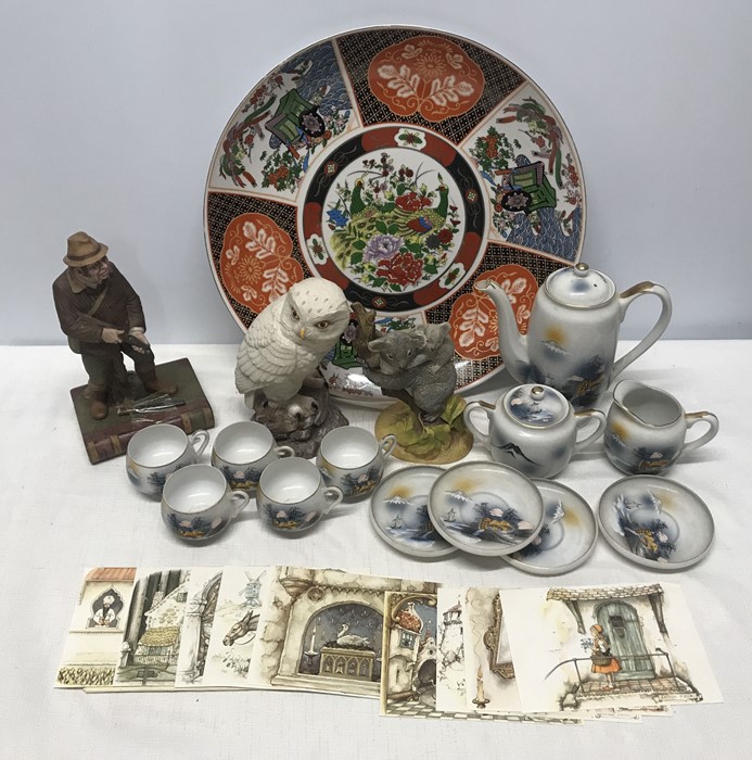 Pottery selection, large Chinese decorative charger 36cms w, Aynsley figures, Gamekeeper 23cms h,