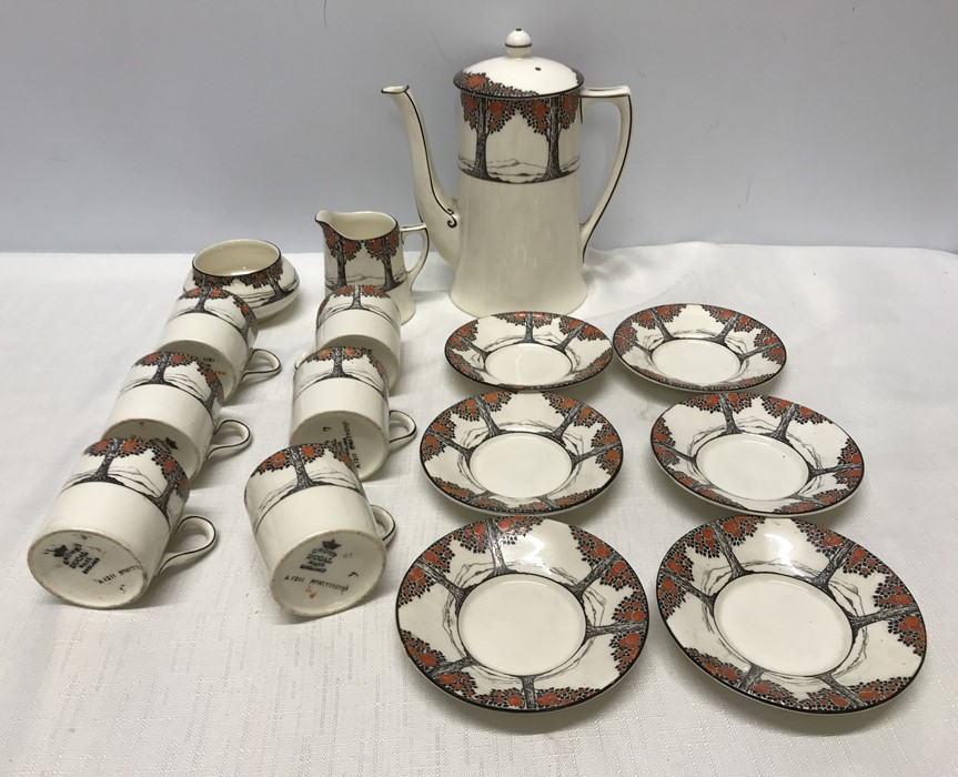 Crown Ducal Orange Blossom coffee set, 15 pieces, six cups and saucers, coffee pot, milk and sugar