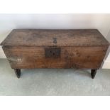 A late 19thC oak six plank coffer. 93 w x 33 d x 48cms h. Condition ReportSome replacement ironwork,