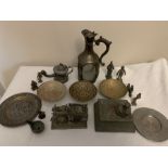 Miscellaneous oriental metal ware included lidded box (hinge a/f) lamp, plates. dishes, decanter