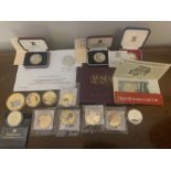 A quantity of proof coins, crowns, 70th anniversary of VE day £5 coin, 1970 coinage, £5 banknote