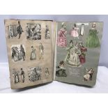 Victorian scrapbook, colour and black and white scraps, fashion, humorous, newspaper clippings.