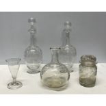 Two Edwardian etched glass decanters with foliage and bee motif, (tallest 31cms with stoppers)