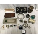 Mixed lot, ebony steel inlaid games box, dominoes and playing cards, bubble glass ashtray 15cms w,